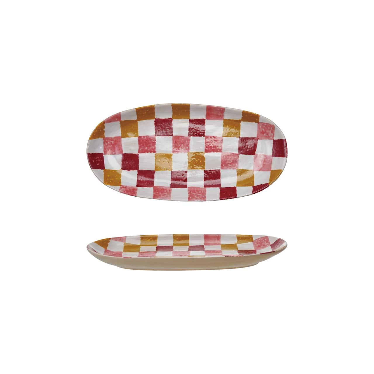 Hello Honey Oval Hand-Painted Stoneware Platter with Check Pattern, Multicolor